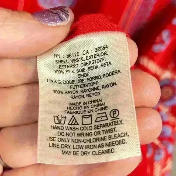 VANESSA VIRGINIA Red Bell Sleeve 100% Silk Peasant Dress Flowy Relaxed Women 4P - Picture 7 of 12